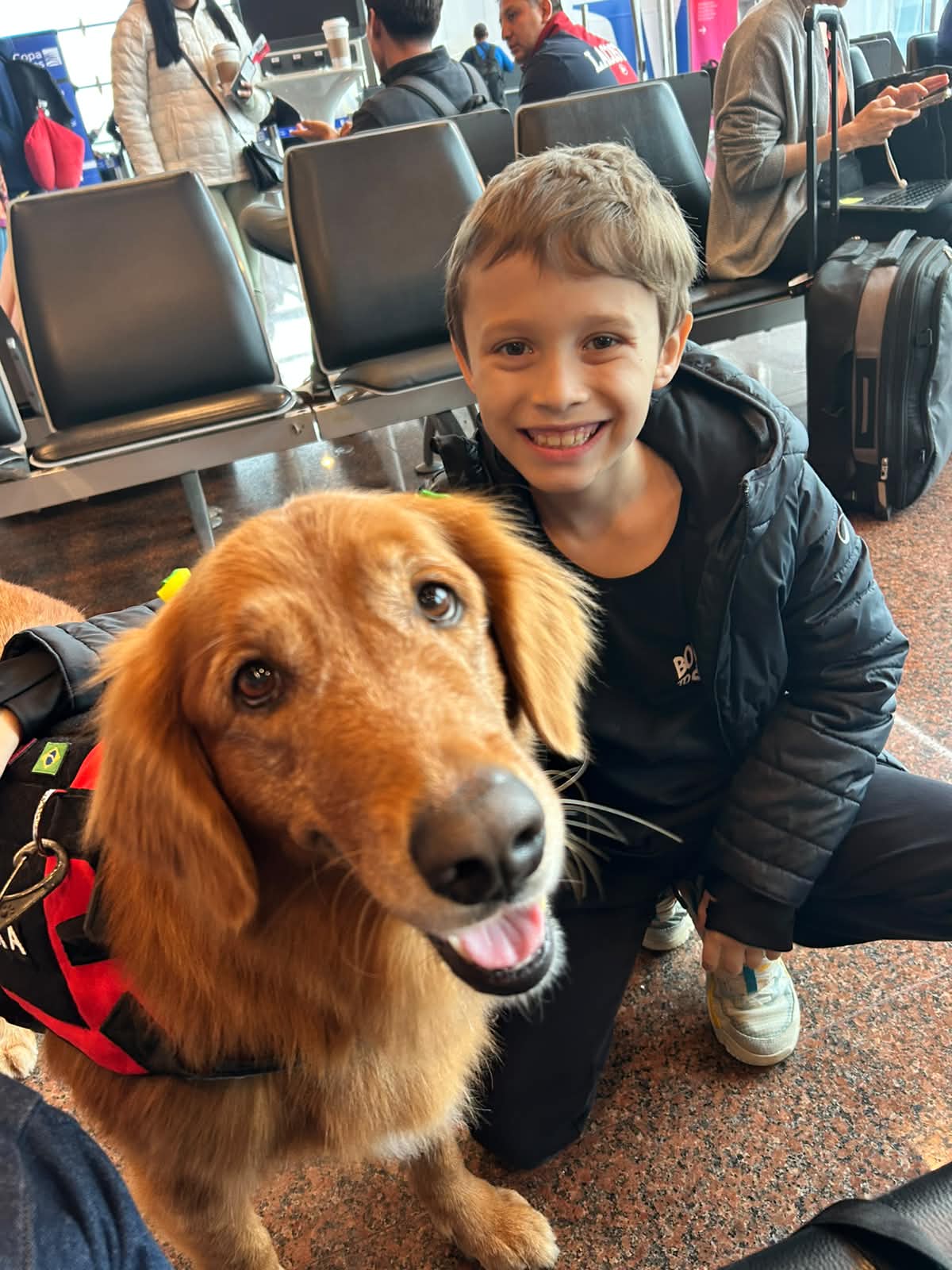 Boy with service dog at airport