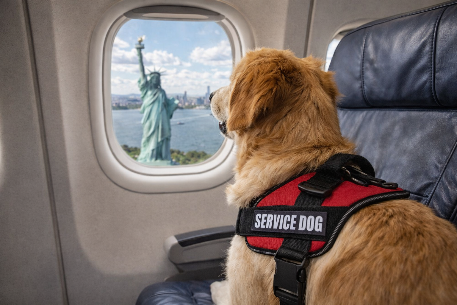 Service dog with official vest traveling on airplane